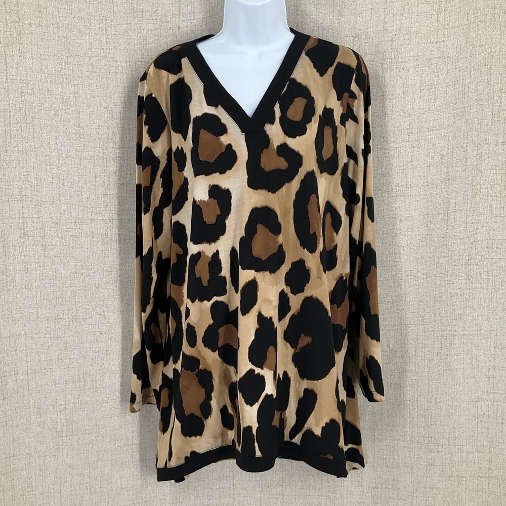 Susan Graver Tunic Top Womens XL Tan Leopard V-Neck Animal Print Mob Wife Bold